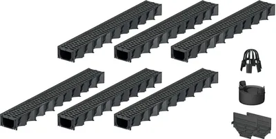 A collection of drainage channels and accessories arranged on a white background.