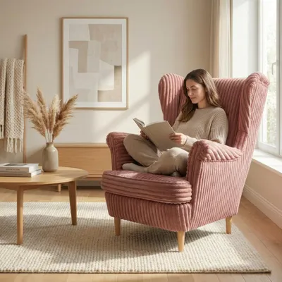 Produktbild von Ohrensessel IDYLLA – skandinavischer Sessel mit Holzbeinen, Cord Rosa, Family Meble