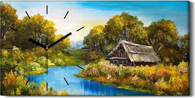 Produktbild von Dekor Leinwand Uhr Wandbilder 60x30 Malerei Wald Bäume Fluss Himmel Hütte - schwarze Hände