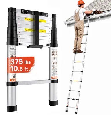 Produktbild von VEVOR Teleskopleiter, 320 cm Aluminium Ein-Knopf-Retraktionsklappleiter, 170,1 kg Tragfähigkeit mit rutschfesten Füßen, tragbare multifunktionale kompakte Leiter für Zuhause, Wohnmobil, Dachboden, ANSI gelistet, 3.2m-Ein-Klick Schrumpfen
