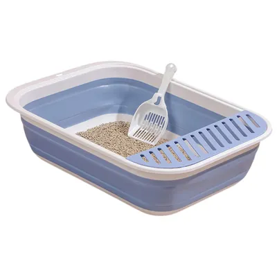 Produktbild von Katzentoilette Flach Kleine, Faltbare Katzenklo mit Schaufel, Blau, 46x34x12cm