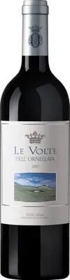 A bottle of red wine with a label showing a landscape.