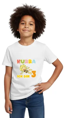 Produktbild von Spreadshirt Biene Maja Hurra Ich bin 3 Dritter Geburtstag Kinder T-Shirt, 122/128 (7-8 Jahre), Weiß