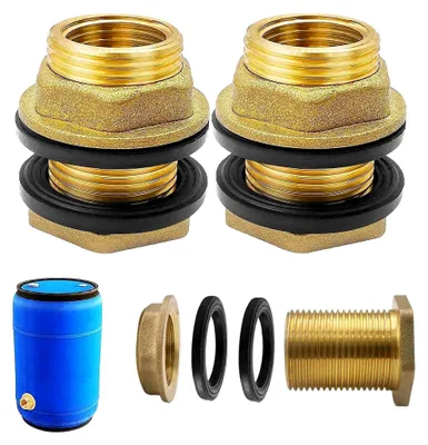 Produktbild von 2 Stück Regentonnendurchführungen, Behälterverschraubungen, IG 1/2 x AG 3/4 Messing Fassanschlüsse für Wasserhahn, Behälter, Tanks und Fässer