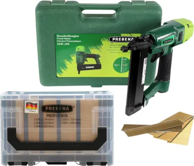 Produktbild von Prebena 2XR-J50 Druckluftnagler 4,0 - 7,0 Bar + PROFI-J-BOX Stauchkopfnägel Brads 12500 Stk. + Koffer