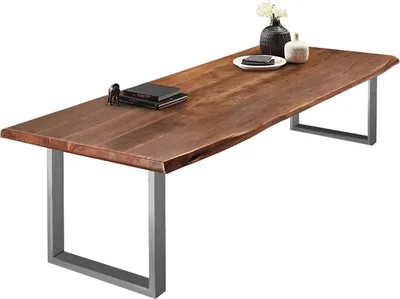 Produktbild von Esszimmertisch 240x110 cm Valin, Akazienholz nussbaumfarben & massiv, Baumkantentisch mit U -Gestell aus Metall Silber, echte Baumkante, Platte 50mm