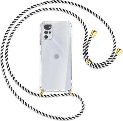 Produktbild von Handykette Backcover-Schutzhülle mit Band (Metall goldfarben) für Motorola Moto G22 4G - schwarz/weiß gestreift
