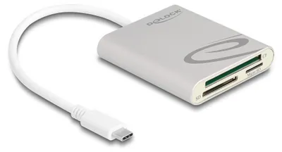 Produktbild von DeLOCK Card Reader USB Type-C für Compact Flash, SD oder Micro SD Speicherkarten, CF, MMC, MMCmicro, MicroSD (TransFlash), MicroSDHC, MicroSDXC, MiniSD, RS-MMC, SD, SDXC, Grau, 5000 Mbit/s, Aluminium, USB 3.2 Gen 1 (3.1 Gen 1) Type-C, 64 mm