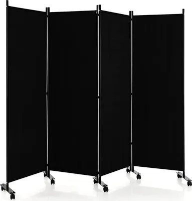 Produktbild von GOPLUS 4-teiliger Faltbarer Raumteiler, 225 x 173 cm Sichtschutz mit Metallrahmen, Paravent Trennwand mit Rollen für Wohnzimmer & Esszimmer (Schwarz)