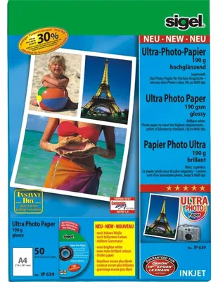 Produktbild von SIGEL IP639 Inkjet Fotopapier Ultra, hochglänzend, 190 g/m², A4, 50 Blatt
