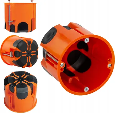 A collage of an orange electrical junction box from different angles, showing its interior and exterior features.