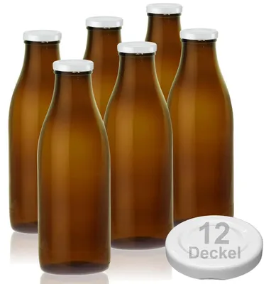 Productafbeelding van Bruine glazen melkflesjes, 1 liter, met schroefdop. Leeg, geschikt om te vullen. Breedhalsflessen, hittebestendig. 6 bruine melkflesjes plus 12 dopjes