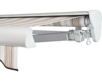 Produktbild von SOLUNA Halbkassettenmarkise Classic 4,5x2,5 Stoff Dessin 6171 Gestell E6EV1 silber eloxiert Antrieb rechts inkl. Kurbel