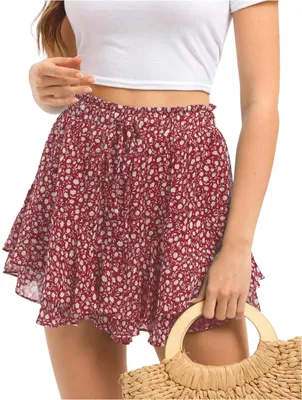 Produktbild von Damenrock Boho Stil - Kurzer Chiffonrock - Doppellagige Rüschen - Hohe Taille mit Kordelzug - Blumenmuster - Ideal für den Urlaub - Minirock