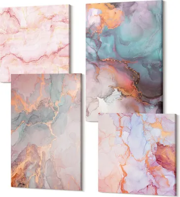 Produktbild von Leinwandbild Set 4-teilig – Modernes Wandbild – Polycanvas Kunstdruck – Abstrakte Bilder – Hochwertige Wandkunst – 2x 40x40 cm + 2x 40x60 cm – Abstrakte Muster in Pastellfarben mit Akzenten