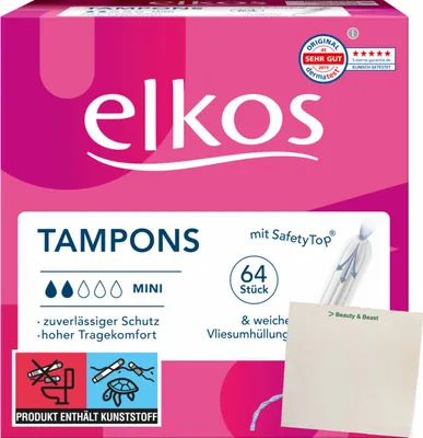 Produktbild von elkos Tampons Mini (64 Stück Packung) + usy Block