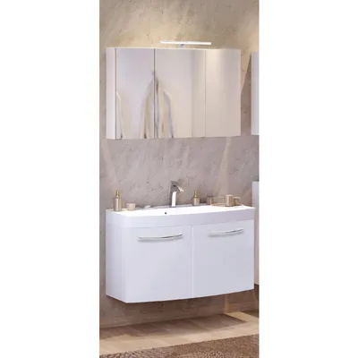Produktbild von Waschtisch & Spiegelschrank Set FLORIDO-03 Hochglanz weiß, 100cm Waschtisch mit 2 Türen, Spiegelschrank mit LED-Aufbauleuchte, B x H x T: ca. 100 x 200 x 47 cm