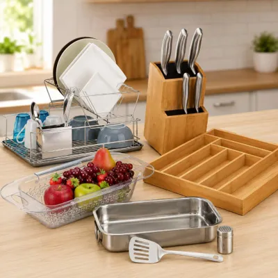 Produktbild von Küchen-Set aus Edelstahl (5-teilig) – Spülbecken-Sieb, Messerblock, Geschirrkorb und Besteckablage