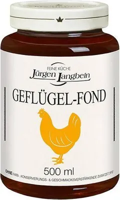 Produktbild von Jürgen Langbein Geflügel-Fond  500 Ml Glas Lactosefrei Ohne Farb- und Konservierungsstoffe Ohne geschmacksverstärkende Zusatzstoffe