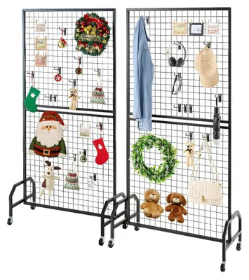 Image de VEVOR Panneaux muraux grillagés Mur grillagé (898 x 400 x 1798 mm) 2 pcs. Présentoir roulant avec 20 crochets, étagères de présentation en acier au carbone Étagère d'exposition d'art pour la décoration Stockage