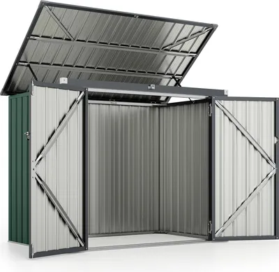 Obrázok produktu pre COSTWAY Odpadkový box na 2 odpadkové koše, 172x95,5x130 cm, domček na odpadky s 2 dvierkami a výklopným vekom, kovový odpadkový box, uzamykateľný prístrešok na odpadky, zelený
