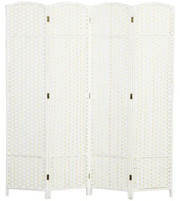 Image de Paravent en bois de pin, séparateur de pièce tressé, pliable, composé de 4 panneaux, écran de protection en polypropylène, blanc | 9 charnières en métal | 160 x 170 cm