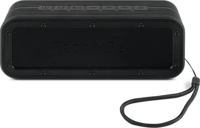 A black TechniSat BLUSPEAKER OD TWS outdoor Bluetooth speaker with a wrist strap is shown against a white background.