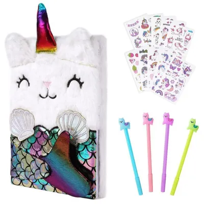 Produktbild von Plüsch Notizbuch Meerjungfrau mit Einhorn Stickern und Gelstiften
