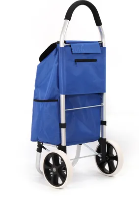 A blue shopping trolley with two wheels is shown against a white background.