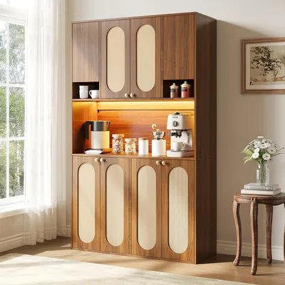 Produktbild von okwish Küchenschrank mit farbverstellbarer LED, PE-Rattan, hohes Sideboard mit Arbeitsfläche und großzügigem Stauraum,Natur