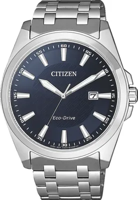 A close-up, front-facing studio shot of a Citizen Eco-Drive watch with a blue dial and silver metal band.