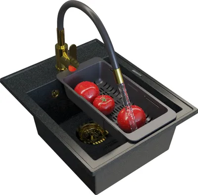 Produktbild von Granitan | Granitspüle ZLEWOZMYWAK - Schwarz mit Goldpartikeln - Einbau mit Zubehör - Elegant und langlebig