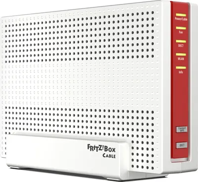 A white and red Fritz!Box cable modem and router is shown from a slightly angled front view, resting on its white stand.