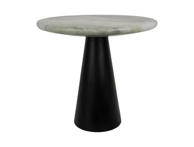 A side view of a small, round table with a marble top and a black conical base.
