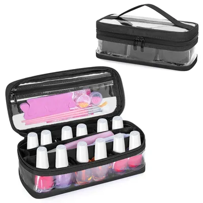 Produktbild von Aufbewahrungstasche für Nagellack, Organizer für 12 Fläschchen (bis zu 15 ml), Nagellacktasche mit Organizer, Kosmetiktasche für Nagelzubehör, schwarz