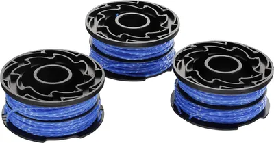 Three spools of blue trimmer line are arranged in a cluster on a white background.