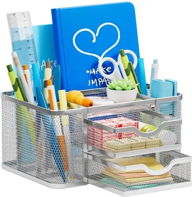 Produktbild von Büroorganizer Mesh Silber mit 2 Schubladen und Stifthalter für Heimbüro