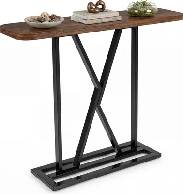 Zdjęcie produktu dla COSTWAY Stolik konsolowy, 100 cm Stolik do przedpokoju z geometryczną metalową podstawą, stolik pomocniczy, stolik konsolowy, stolik do sofy do salonu, przedpokoju i wejścia, brązowy