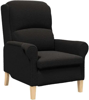 Zdjęcie produktu dla Czarny fotel w stylu sherpa z nogami z litego drewna, o wymiarach 76x94x102 cm, nowoczesny design i ergonomiczny komfort dzięki wypełnieniu z pianki, idealny do salonu, sypialni i oranżerii