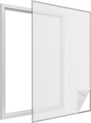 A white window frame with a white mosquito net partially attached.