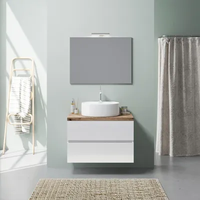 Immagine prodotto di Mobile bagno sospeso 80cm bianco lucido, lavabo, specchio 80x60 | Elba