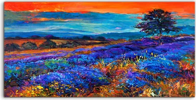 Produktbild von Coloray Acrylbild 100x50  Wandbild Acrylbilder Kunst Sonnenuntergang Lavendelfelder