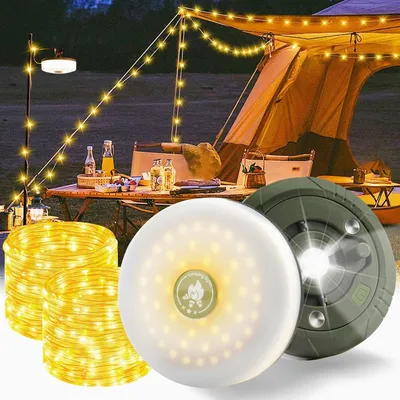 Produktbild von 2 Stücke Multifunktionale Tragbare Campingleuchte,10m Einziehbare Camping Lichterkette, Wasserdichte Campingzeltleuchte, LED-Lichterkette