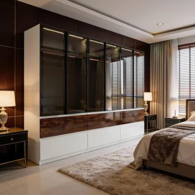 Produktbild von Kleiderschrank Amsterdam 300cm Breit Weiß-Hochglanz-Nussbaum Optik
