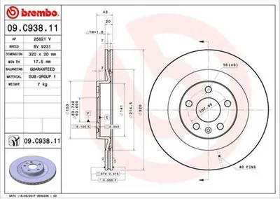 Produktbild von 2x BREMBO Bremsscheibe 09.C938.11 für VOLVO XC90 II (256) XC60 II (246) 43mm