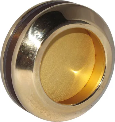 A close-up, studio shot of a round, brass sliding door handle.