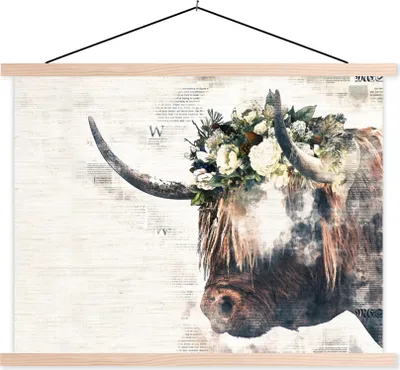 Produktbild von MuchoWow® Textilposter Schottisches Hochlandrind - Rauch - Blumen 40x30 cm mit holzfarbenen Rahmen - Bilder