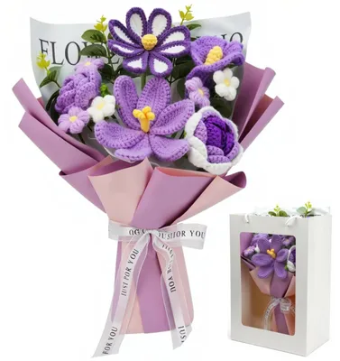 Gehäkeltes Blumenstrauß-Set, handgefertigt, 11 Blumen, lila
