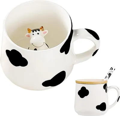 Produktbild von Lustige Kuh Kaffeetasse mit Löffel und Deckel - Witzige Kawaii Tasse für Verschiedene Anlässe