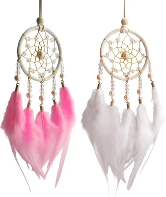 Imagen del producto de Juego de dos atrapasueños, color blanco y rosa, con plumas y cuentas, para decoración de habitaciones infantiles